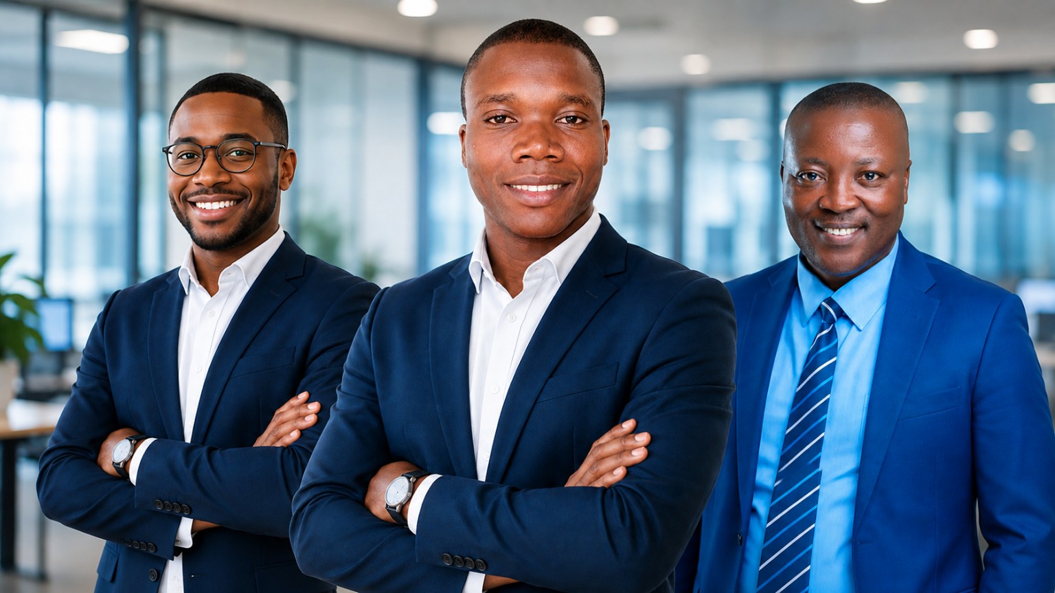 Équipe de professionnels africains en costume dans un environnement de bureau moderne